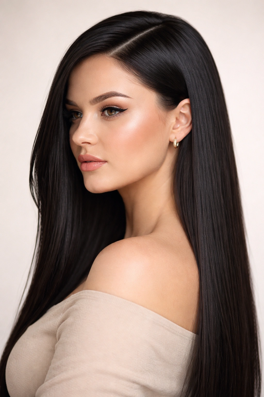 Portrait of a person with sleek straight hair and a deep side part