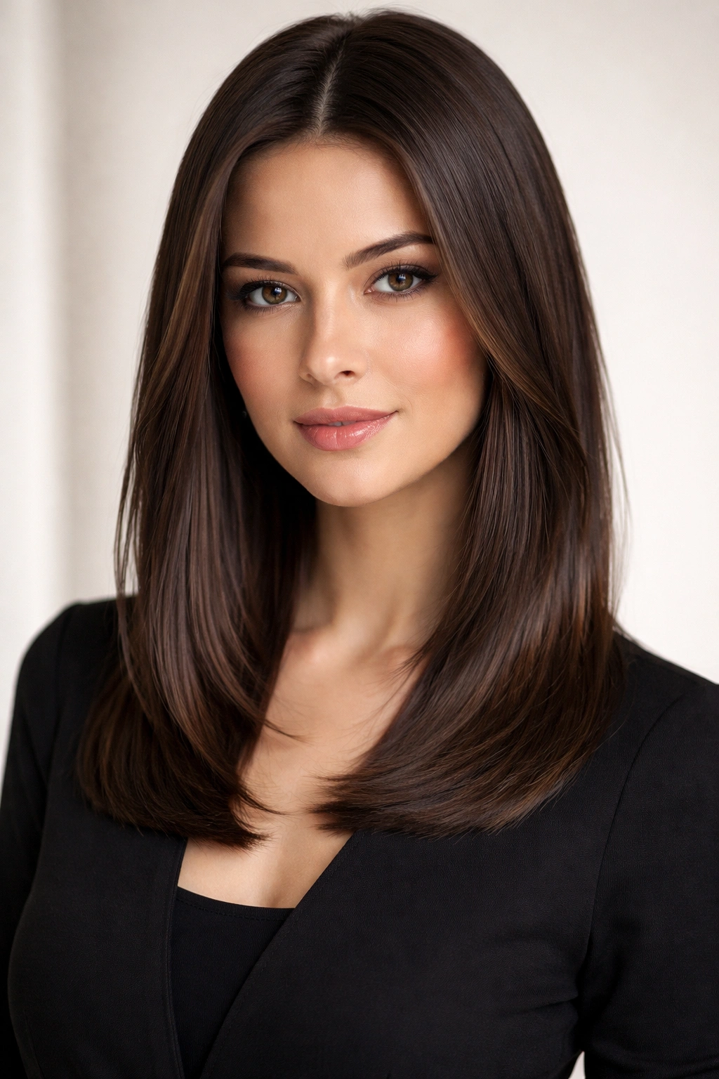 Sleek straight hair with subtle face-framing layers.