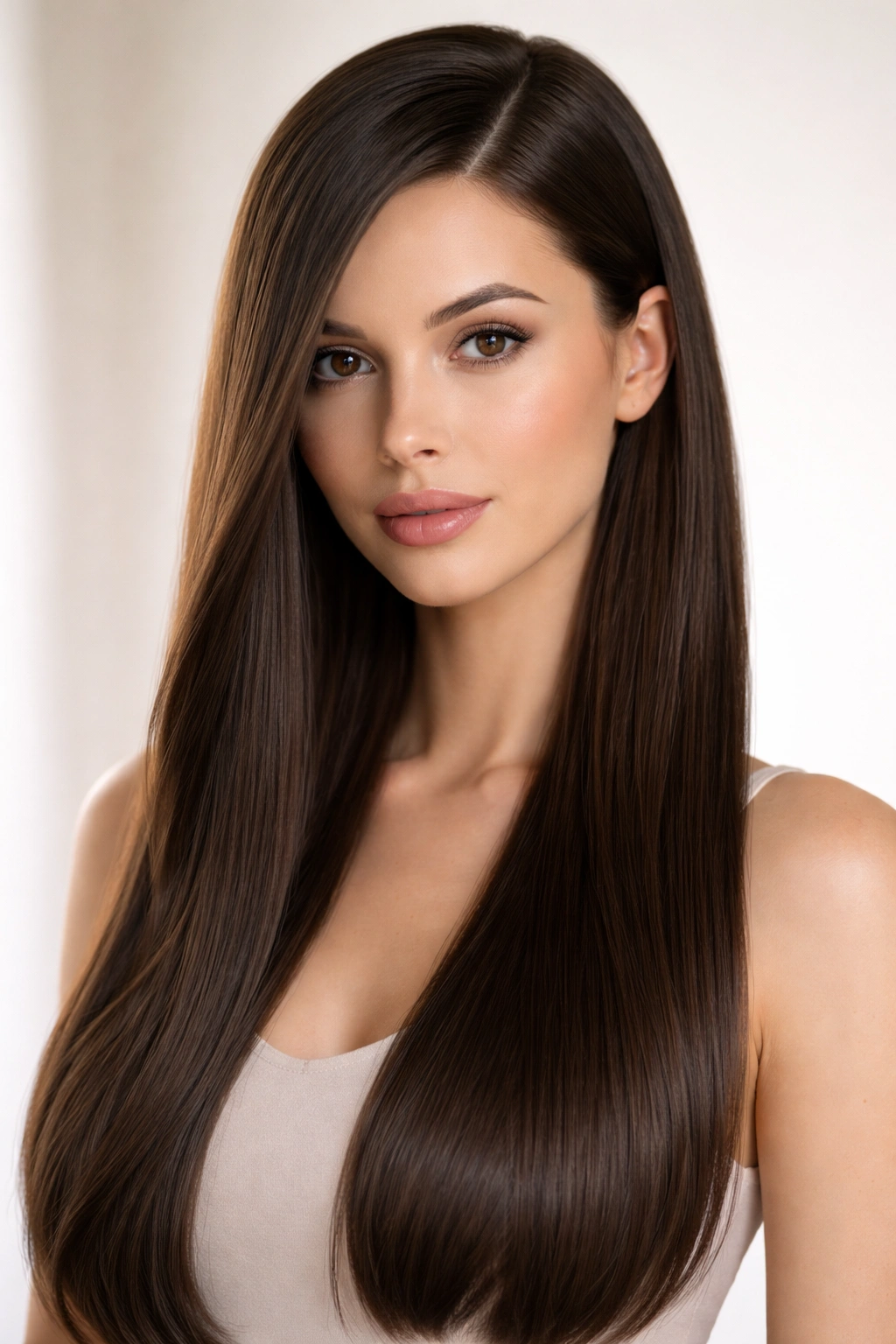 Sleek long straight hair with a deep side part on a heart-shaped face