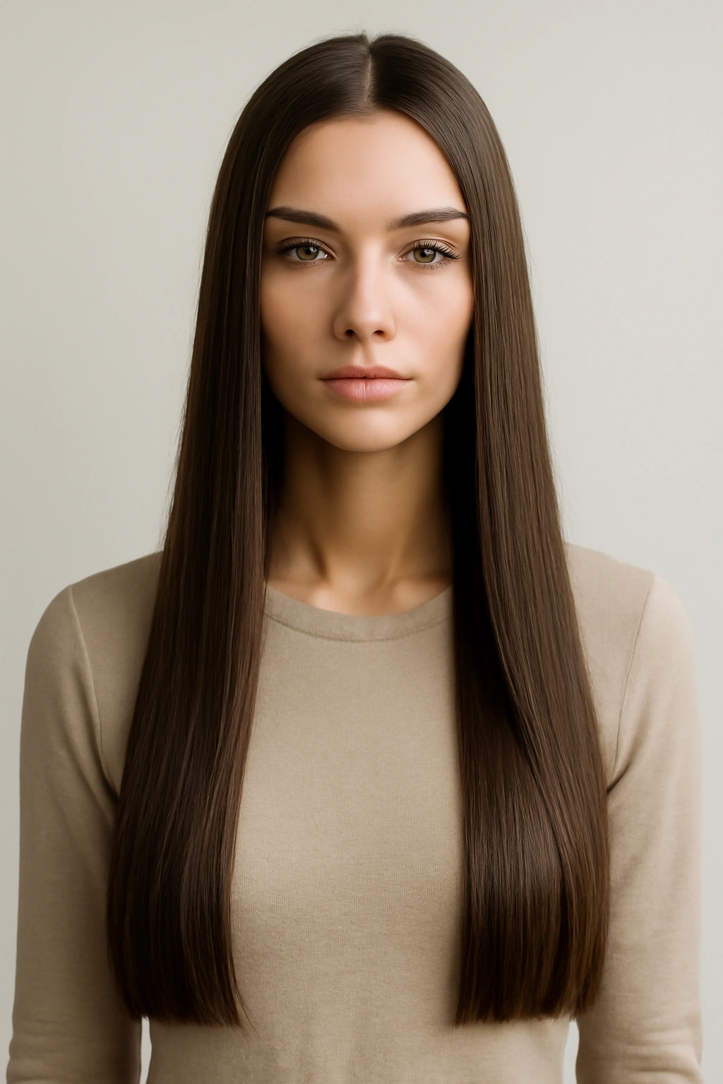 Long, sleek straight hair with a center part