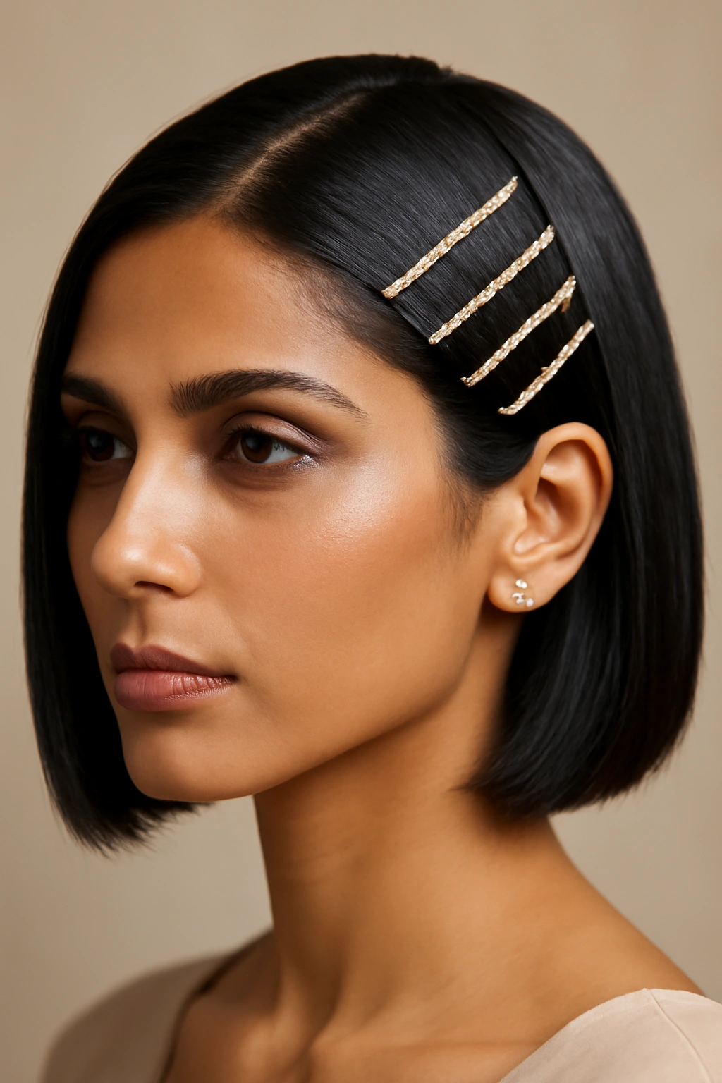 Close-up of sleek straight short hair with gold jeweled bobby pins