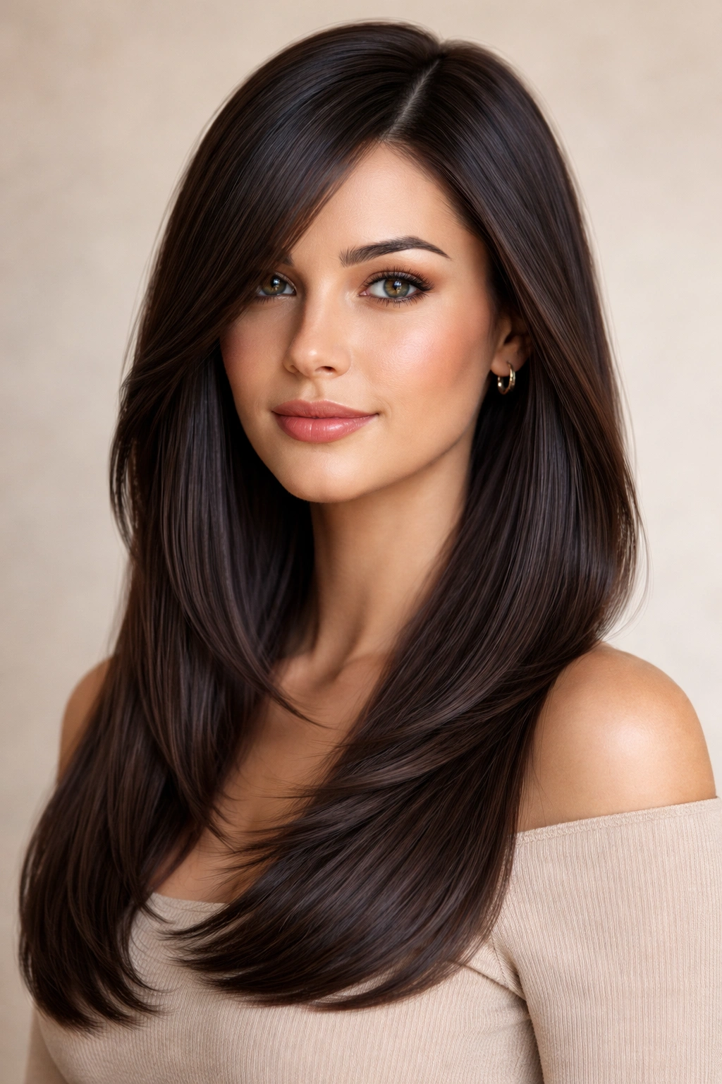 Sleek straight hair with side-swept layers framing the cheekbones