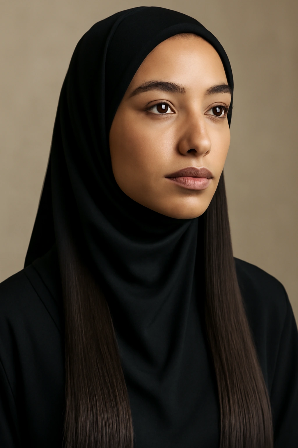 Close-up hijab wearer with sleek, straight hair under hijab