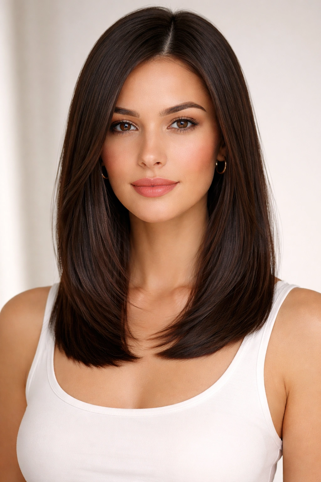 Head-and-shoulders portrait of a sleek straight cut with subtle internal layers.