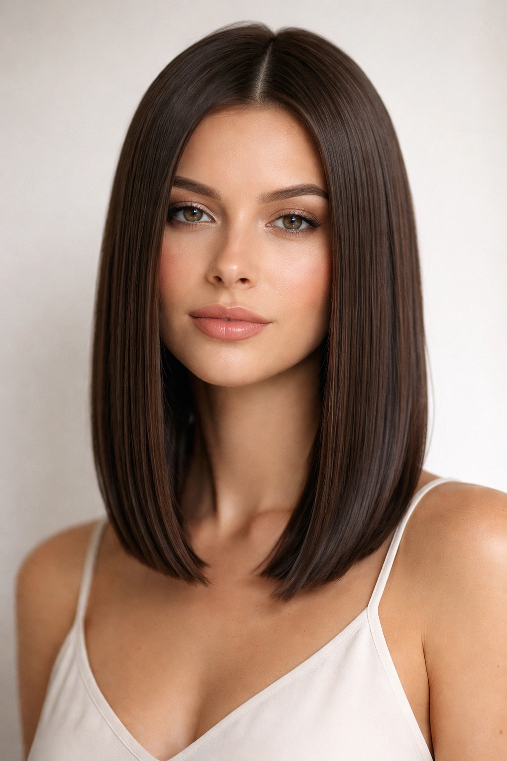 Sleek straight lob with a smooth, glossy finish