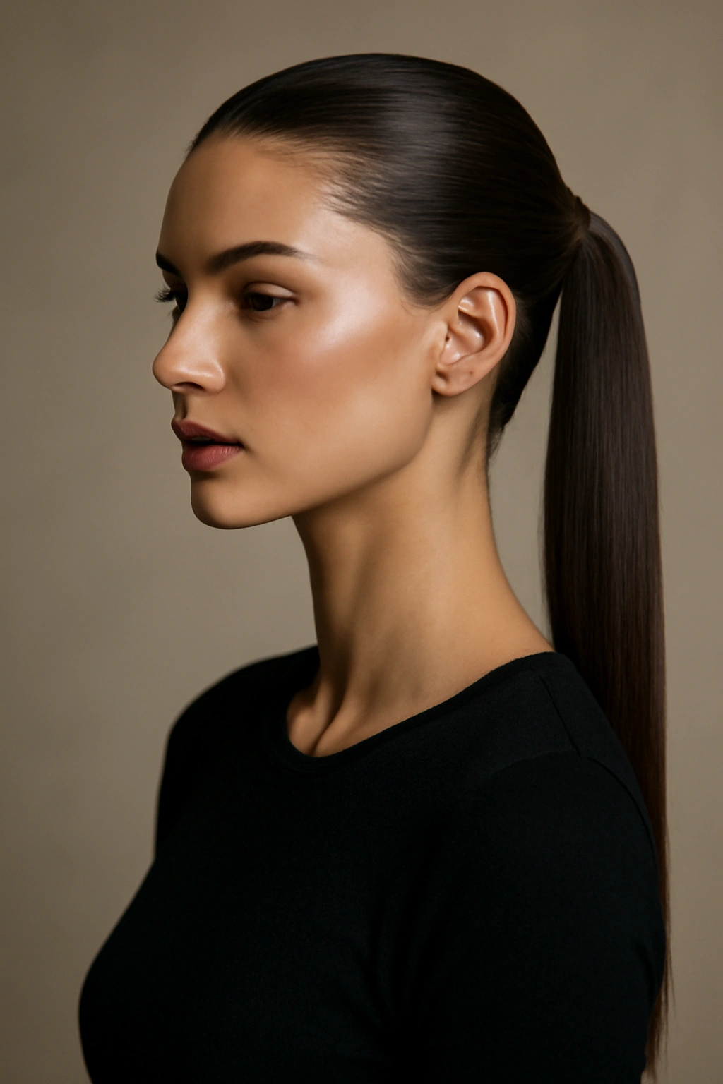 Model with sleek straight high ponytail and glossy finish