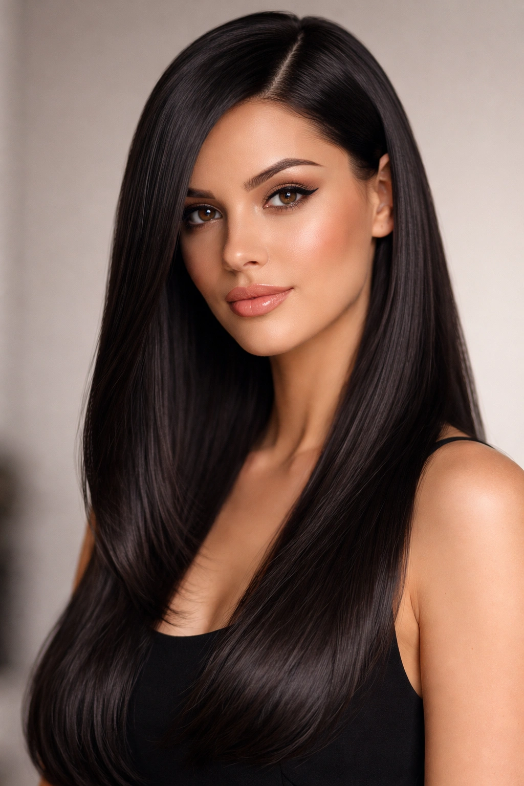 Sleek straight hair with a deep side part and glossy shine