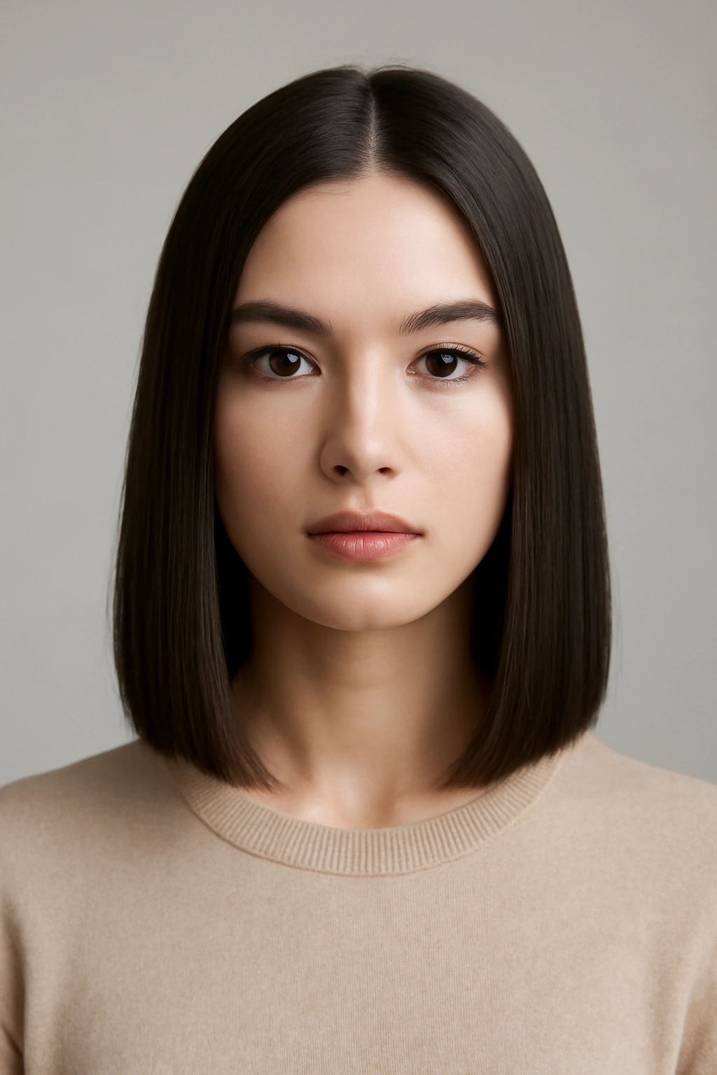 Sleek straight shoulder-length hair in a polished portrait
