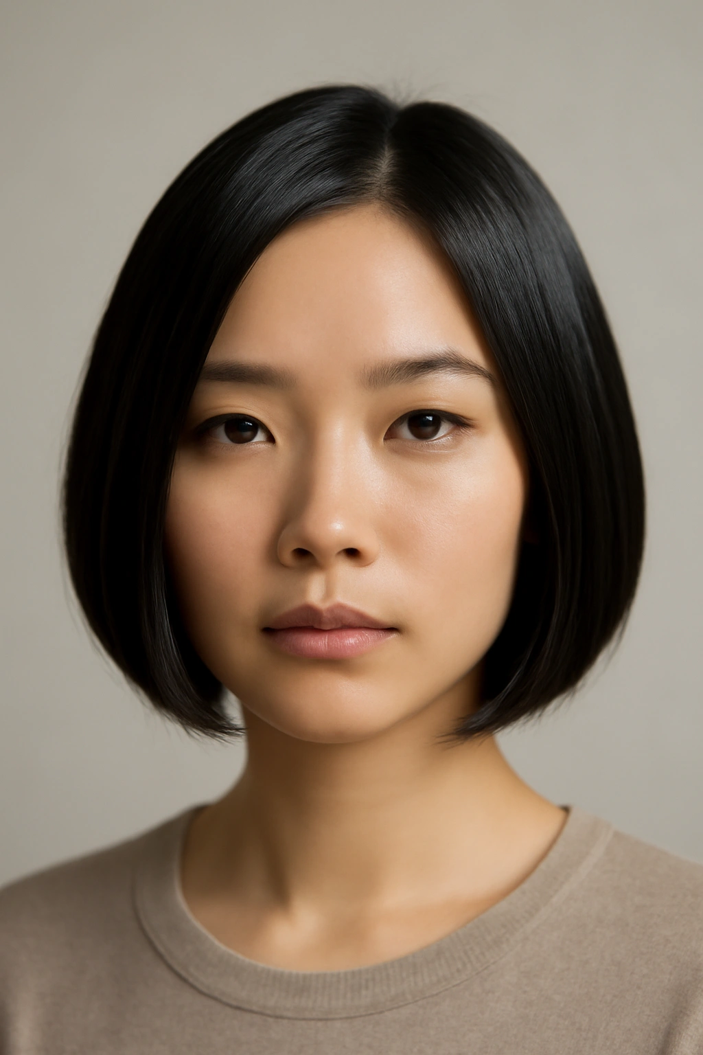 Asian woman with sleek straight tapered bob.
