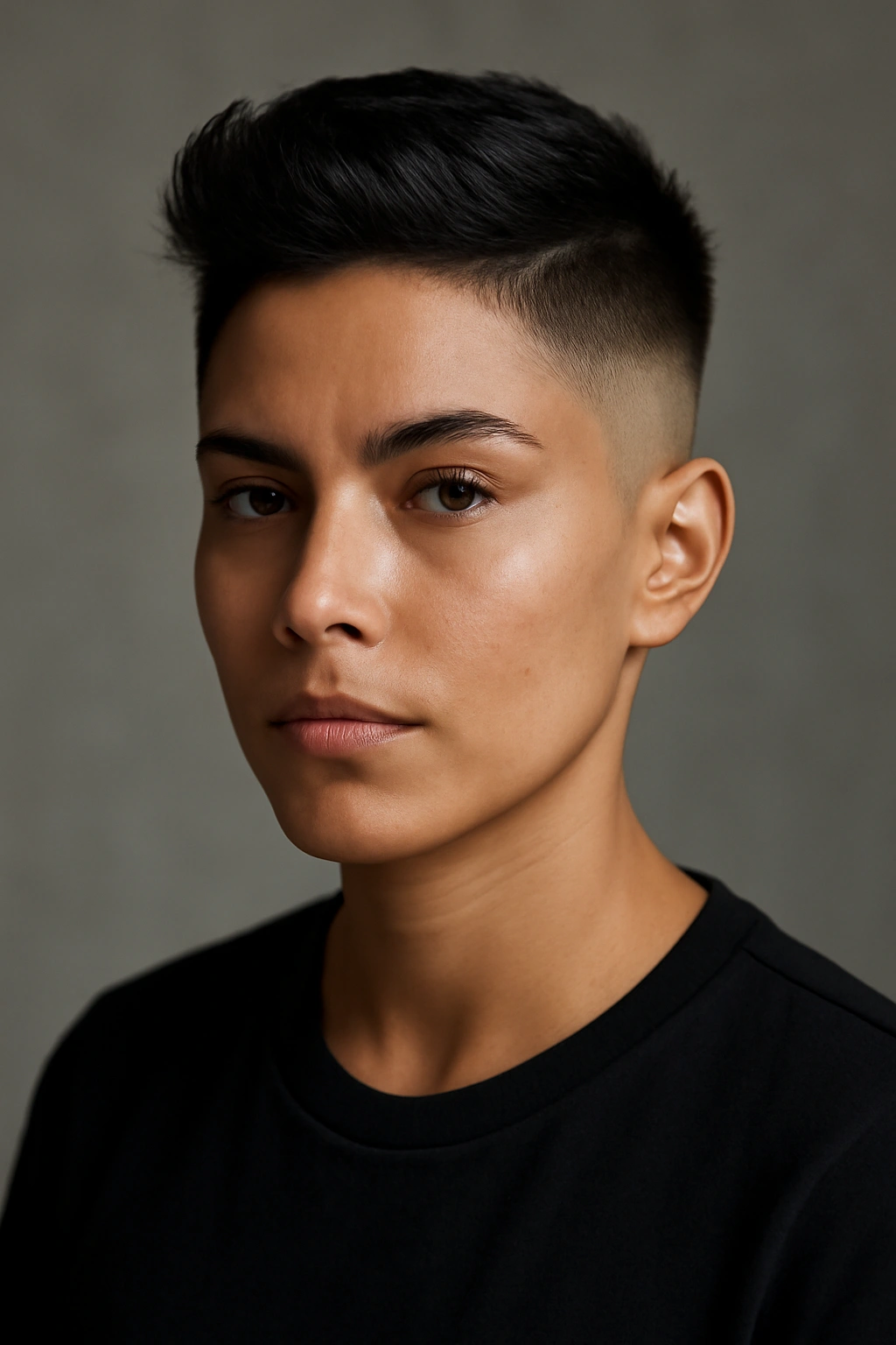 Latina woman with sleek tapered fade showing top volume and skin-level fade