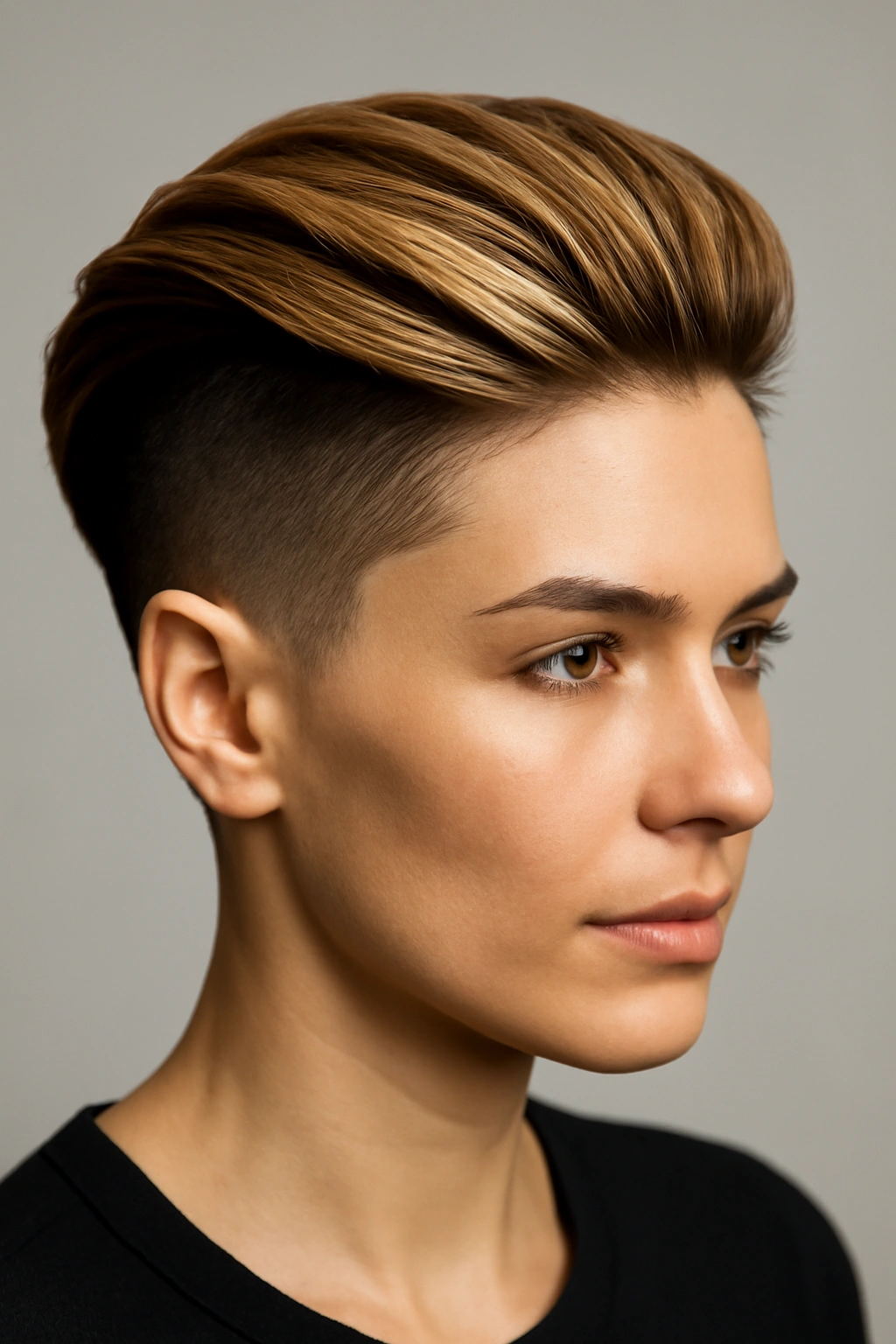 Architectural sleek undercut with caramel on top and dark sides