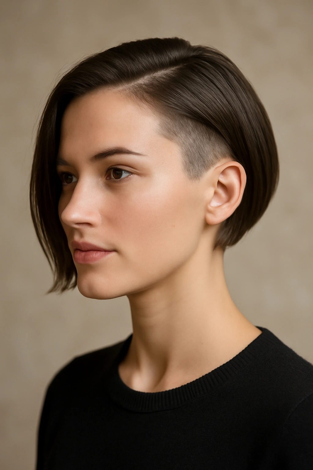 Portrait of a woman with a sleek chin-length top and undercut