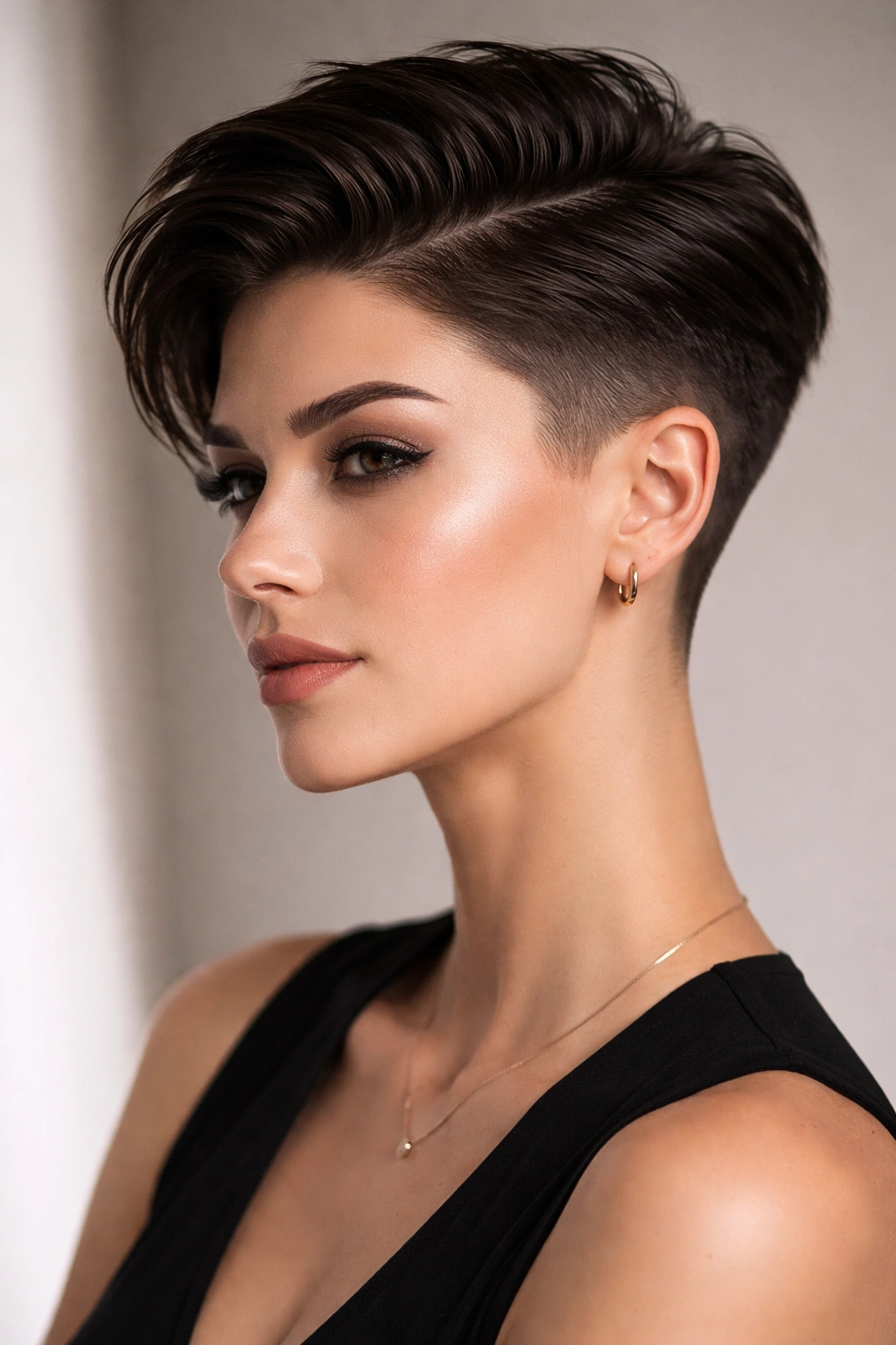 Sleek undercut pixie with sharp top and shaved sides