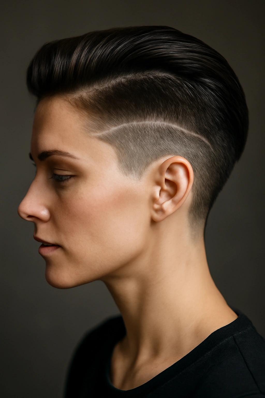 Profile view of a short hairstyle featuring a sleek undercut and shaved detail.