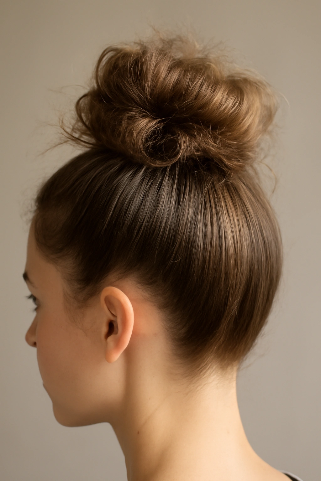 Two-layer bun with a sleek underside and fluffy top on short hair