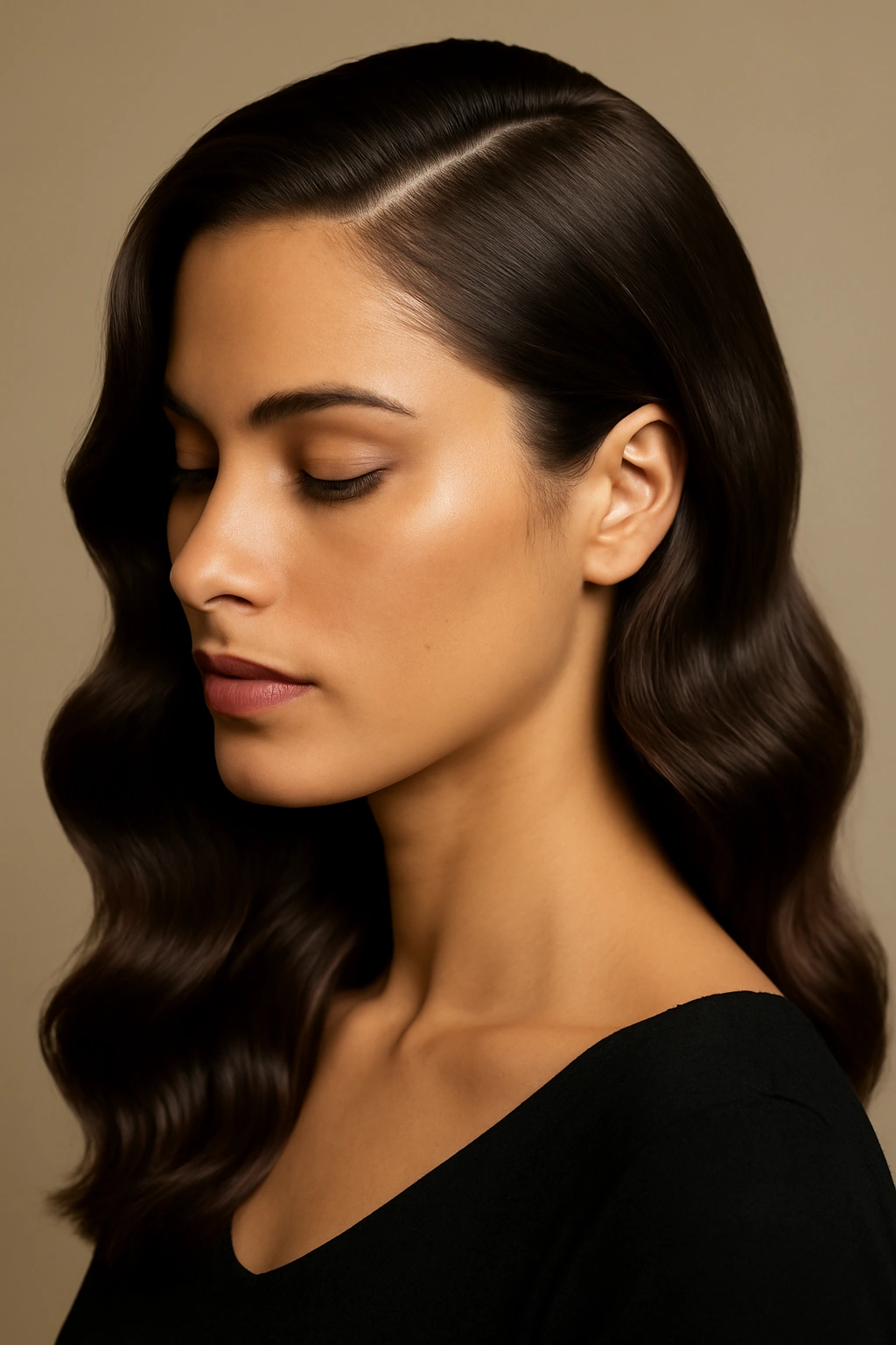 Close-up of glossy wavy hair with a deep side part in a neutral studio