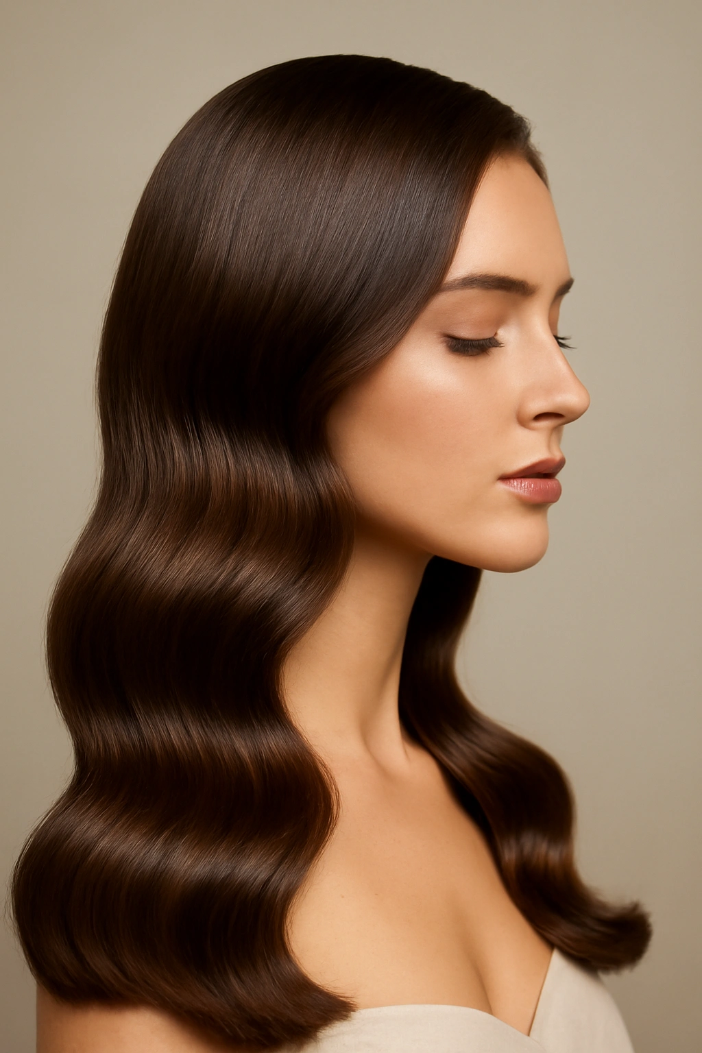 Close-up profile of glossy, sleek waves suited for all hair types, studio lighting.