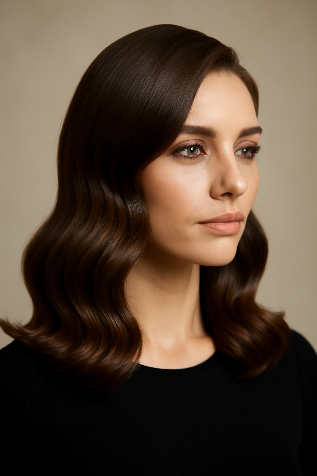 Shoulder-length hair with polished, smooth waves