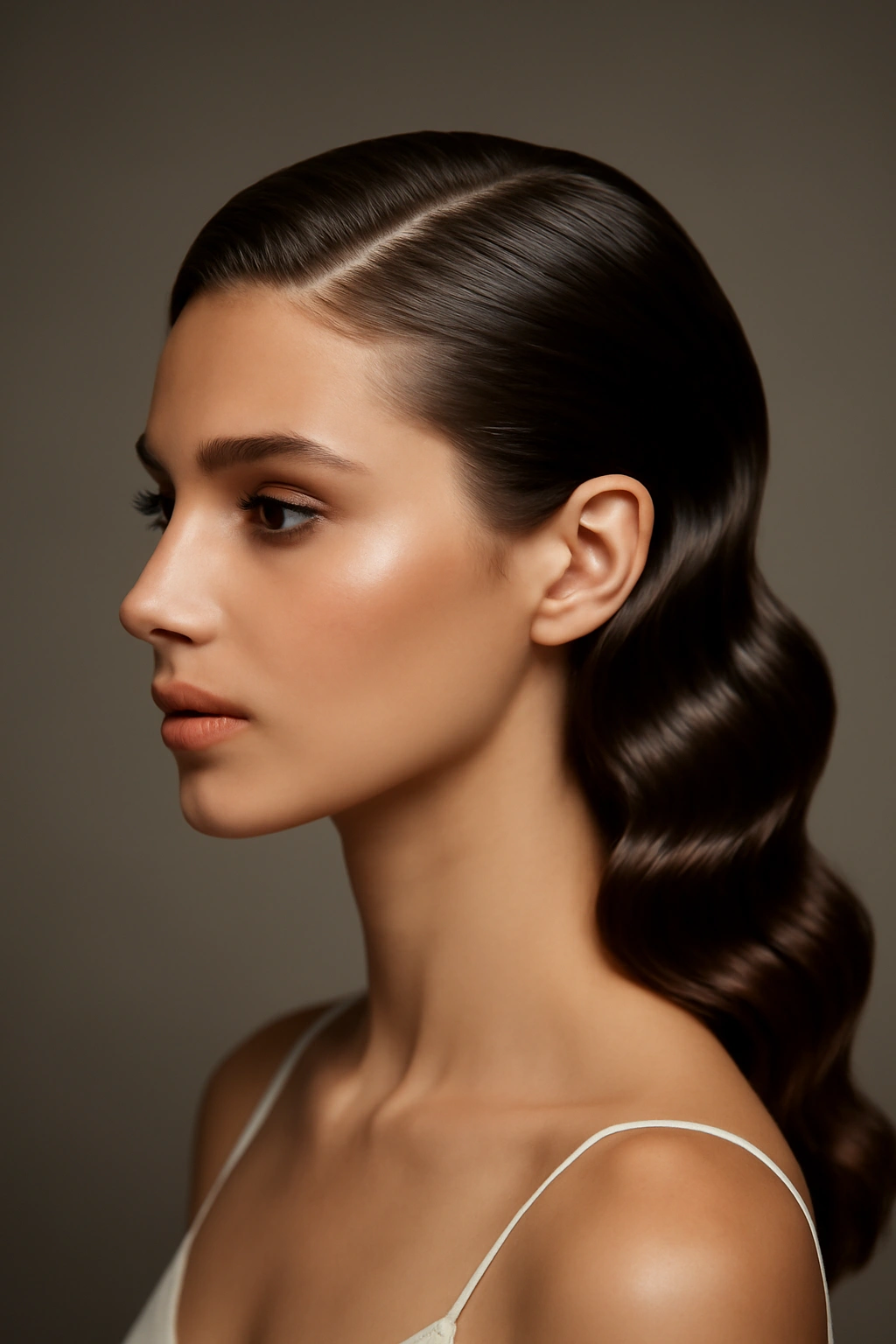 Sleek, slicked-back waves exposing face and neckline in bridal portrait