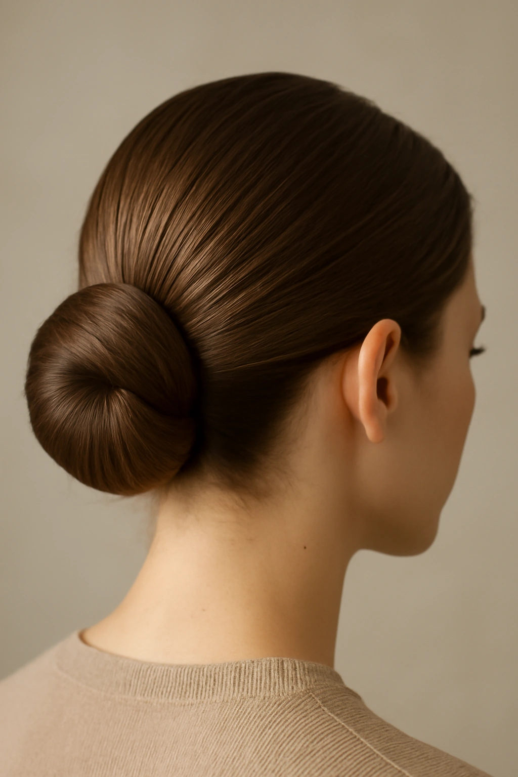 Sleek wrap-around bun with smooth hair and wrapped base