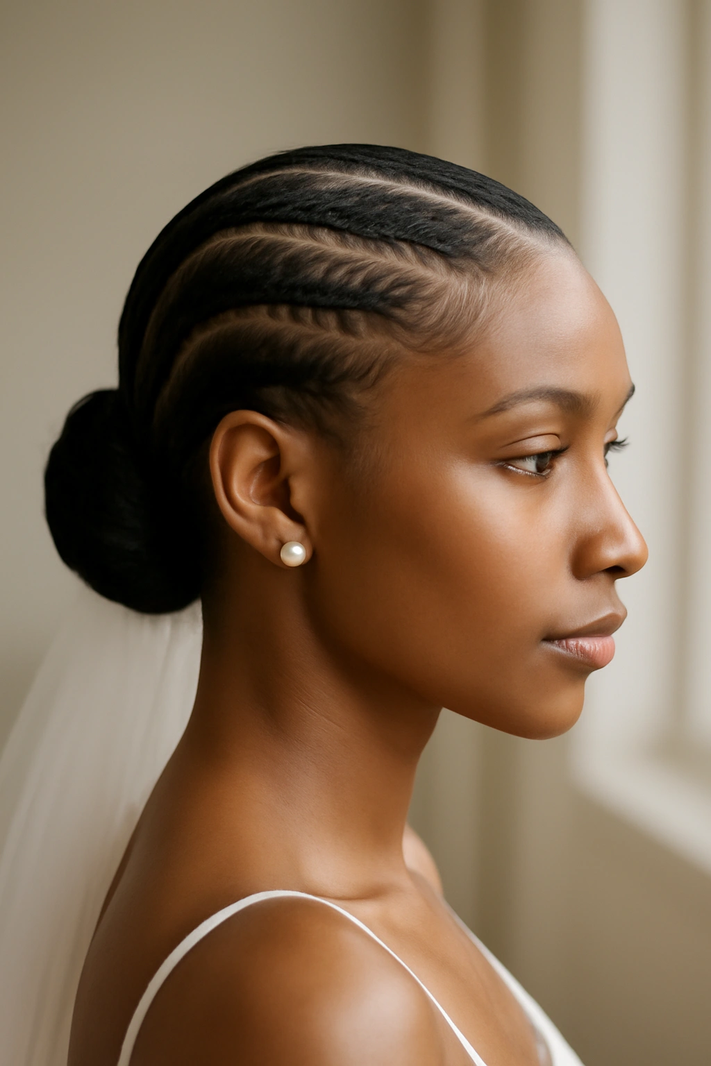 Slicked-back bridal hairstyle with thin baby braids on short hair.