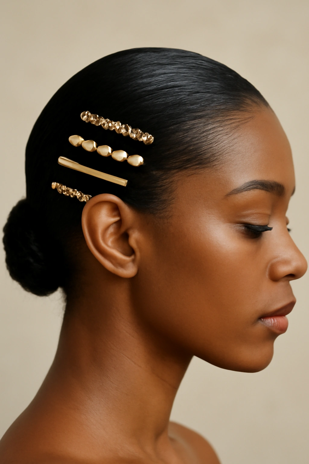 Slicked-back hair with decorative barrettes on a Black woman