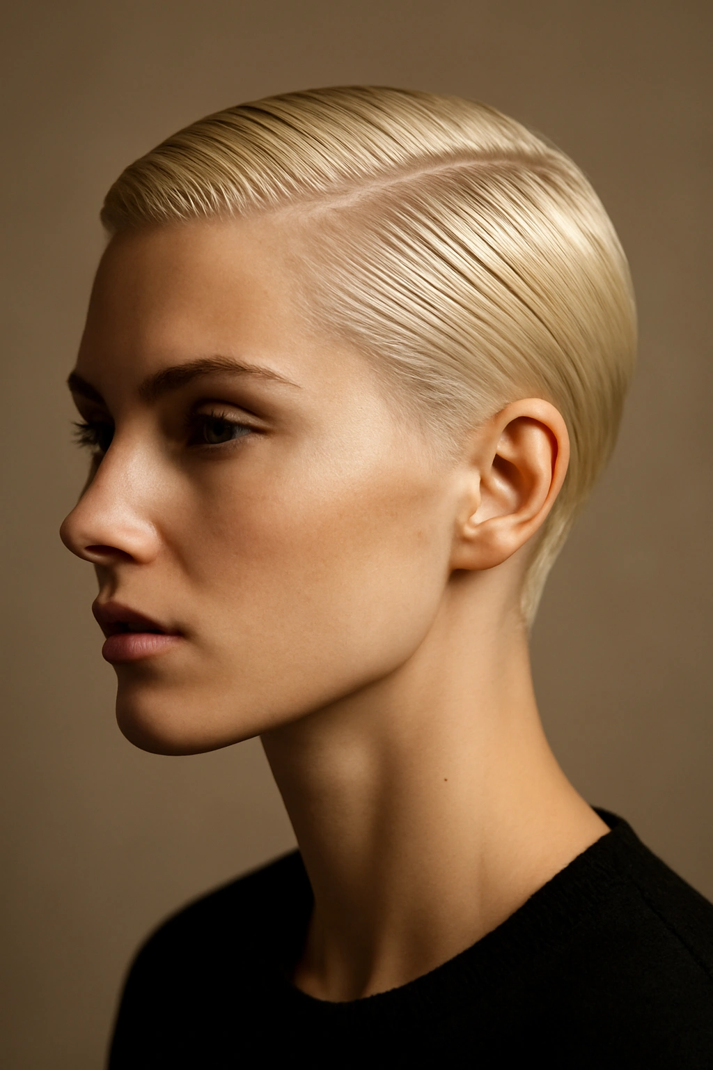 Close-up of a platinum blonde slicked-back short cut with a glossy, sculpted finish