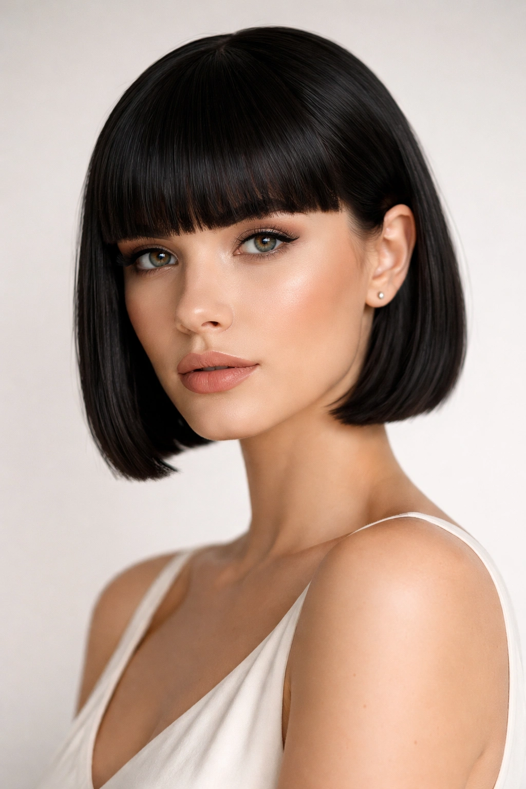Front view of a sleek bob with straight bangs and glossy finish.