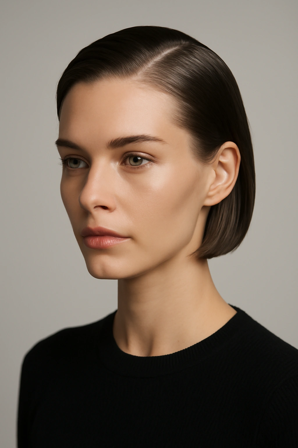 Slicked-back bob showcasing sleek, face-framing silhouette