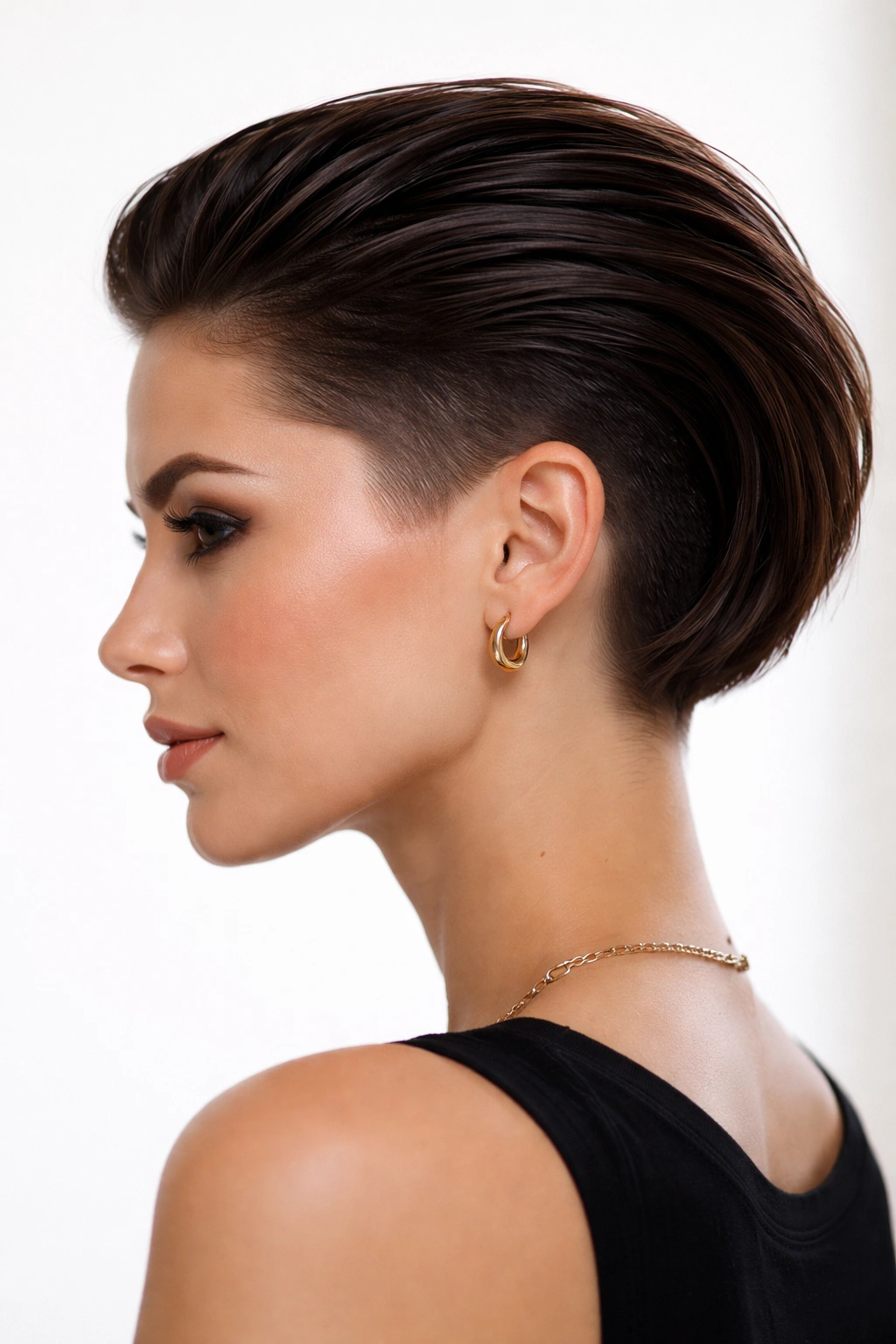 Slicked-back bob with visible undercut on the sides.