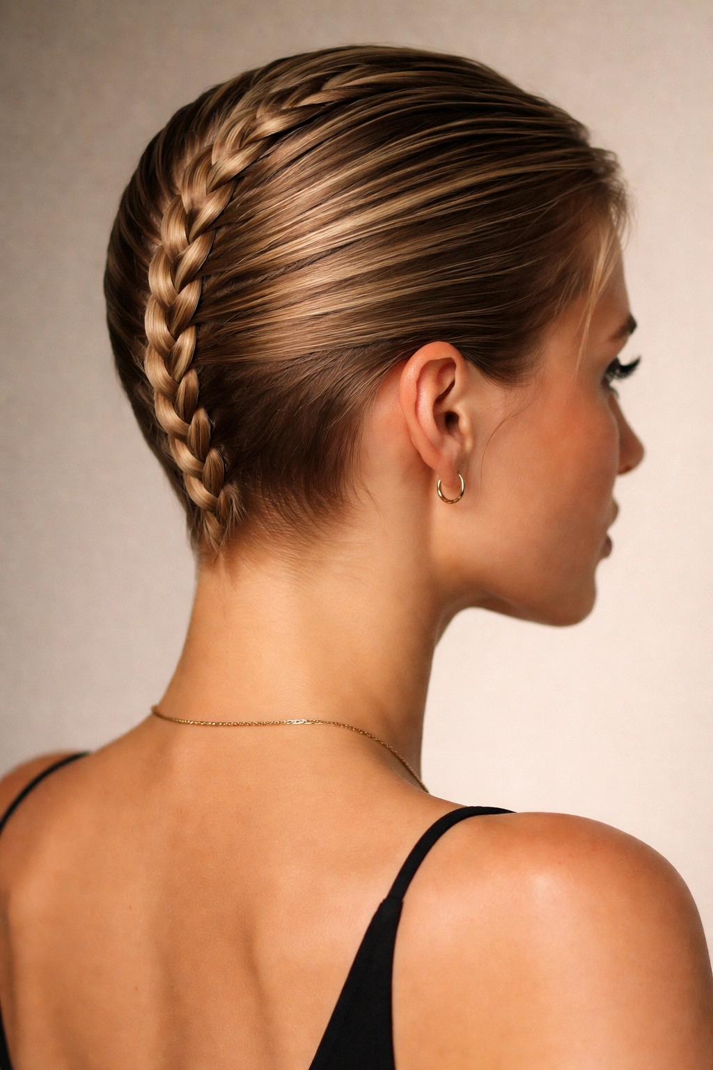 Head with a single braid along the back and smooth, slicked sides