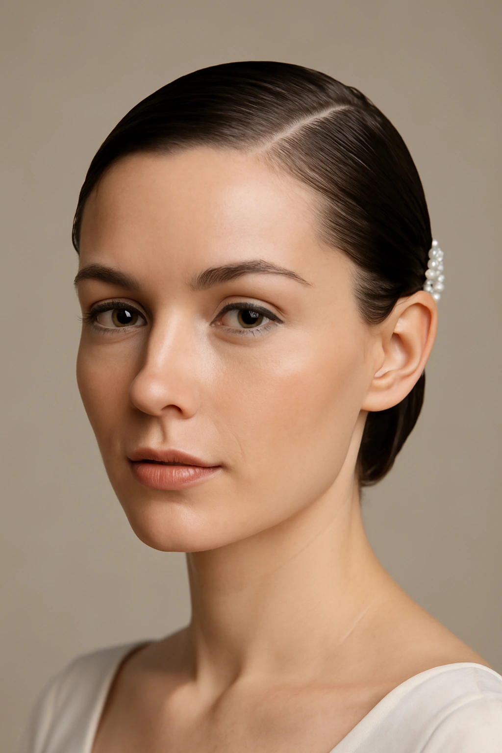 Bride with slicked-back hair and beaded hair accessory