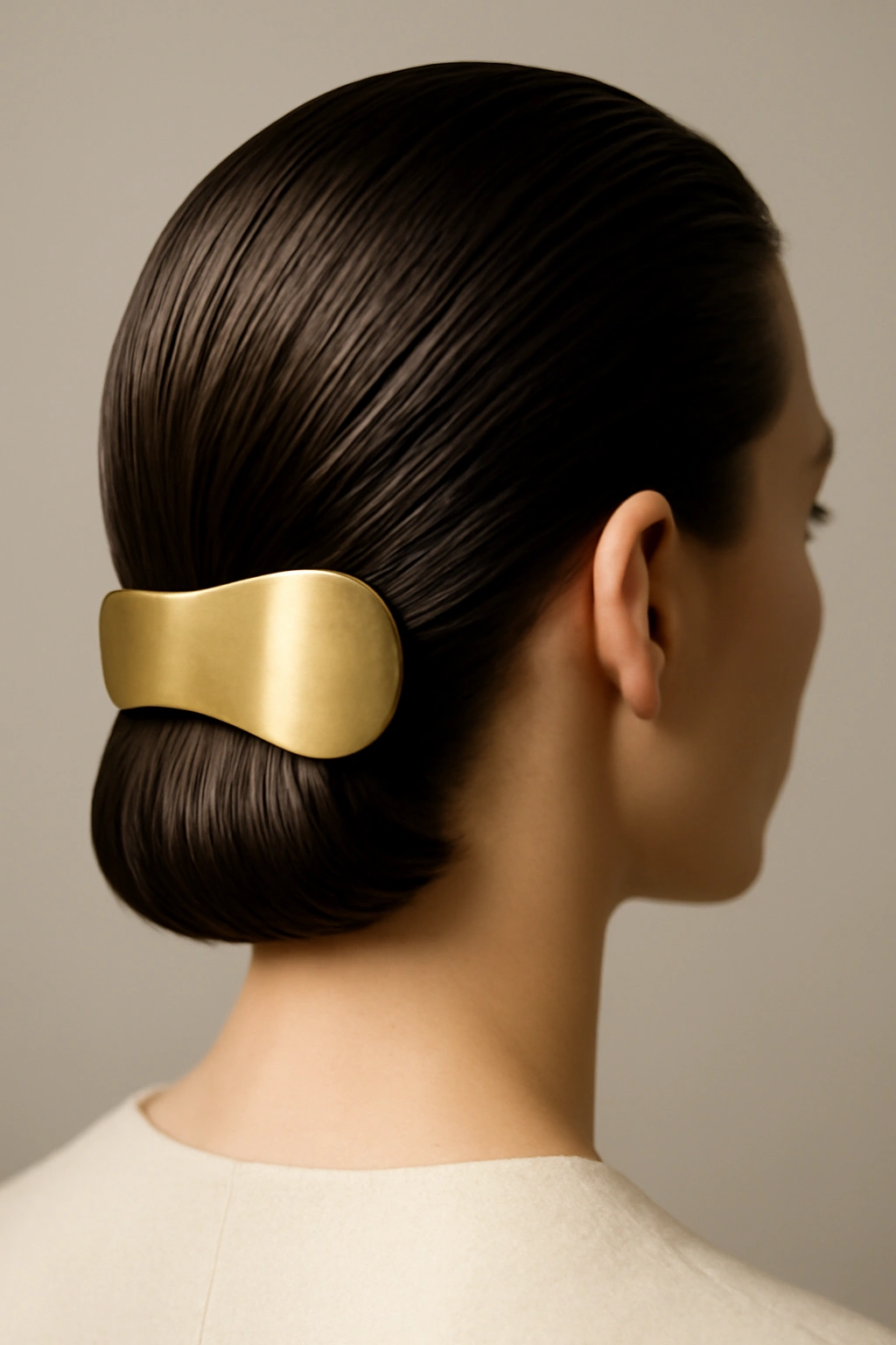 Sleek slicked-back hairstyle with a statement clip at the back