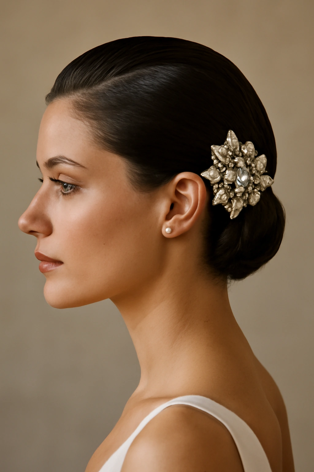 Bride with slicked-back hair and a bold decorative headpiece.