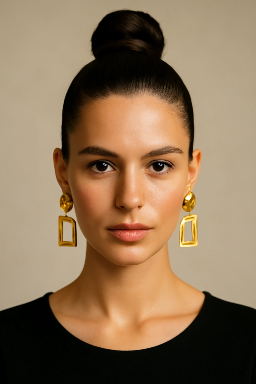 Slicked-back high bun with bold earrings