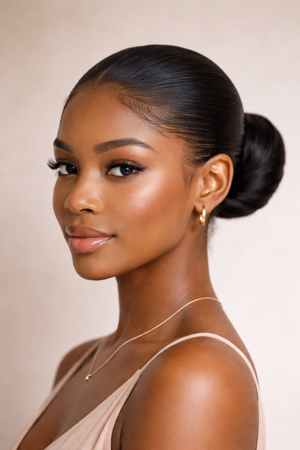 Sleek slicked-back bun on a polished hairline