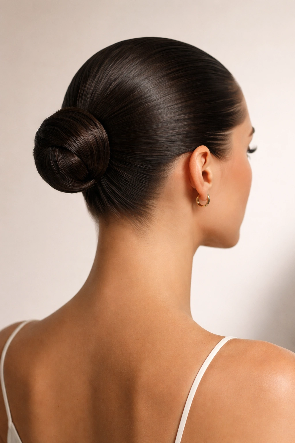 Slicked-back bun showing precise, head-shaped silhouette