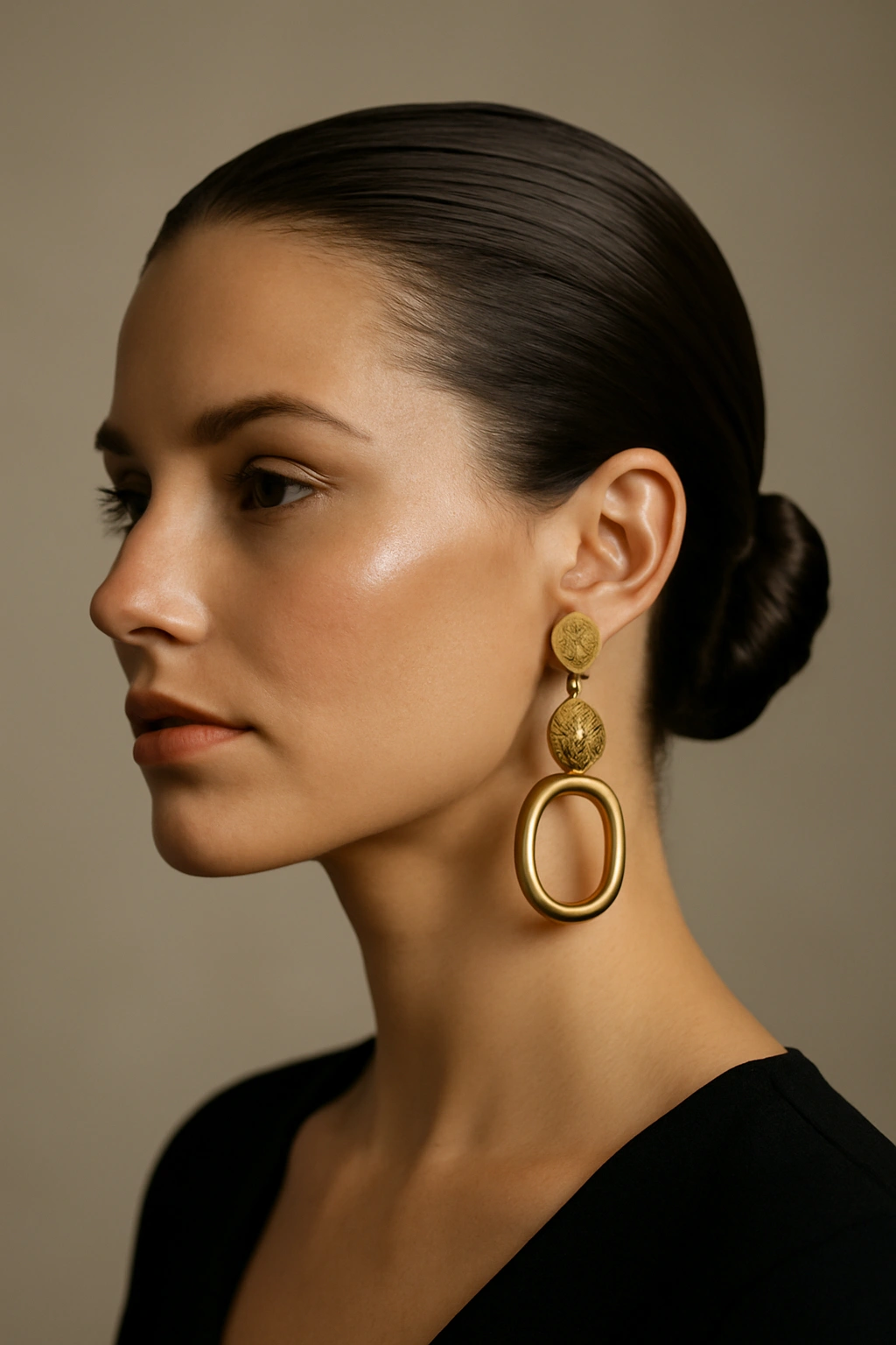 Slicked-back low bun with a statement earring in studio lighting.