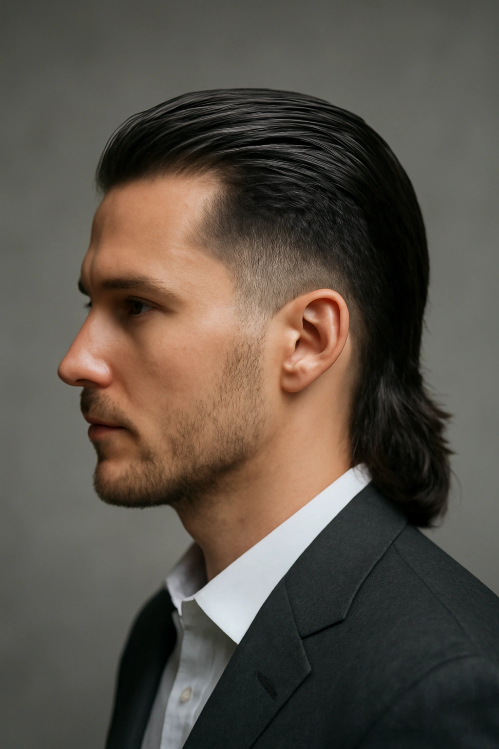 Profile view of a slicked-back business mullet with fade