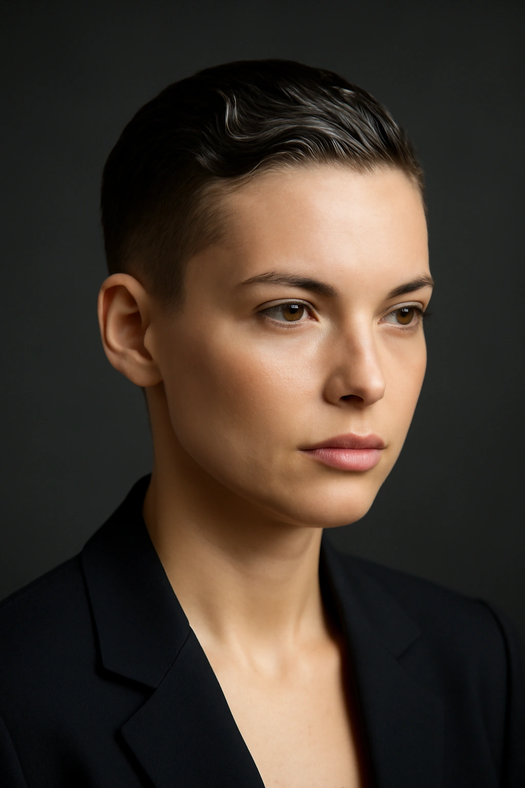 Ultra-short buzz cut slicked back with subtle wave texture.