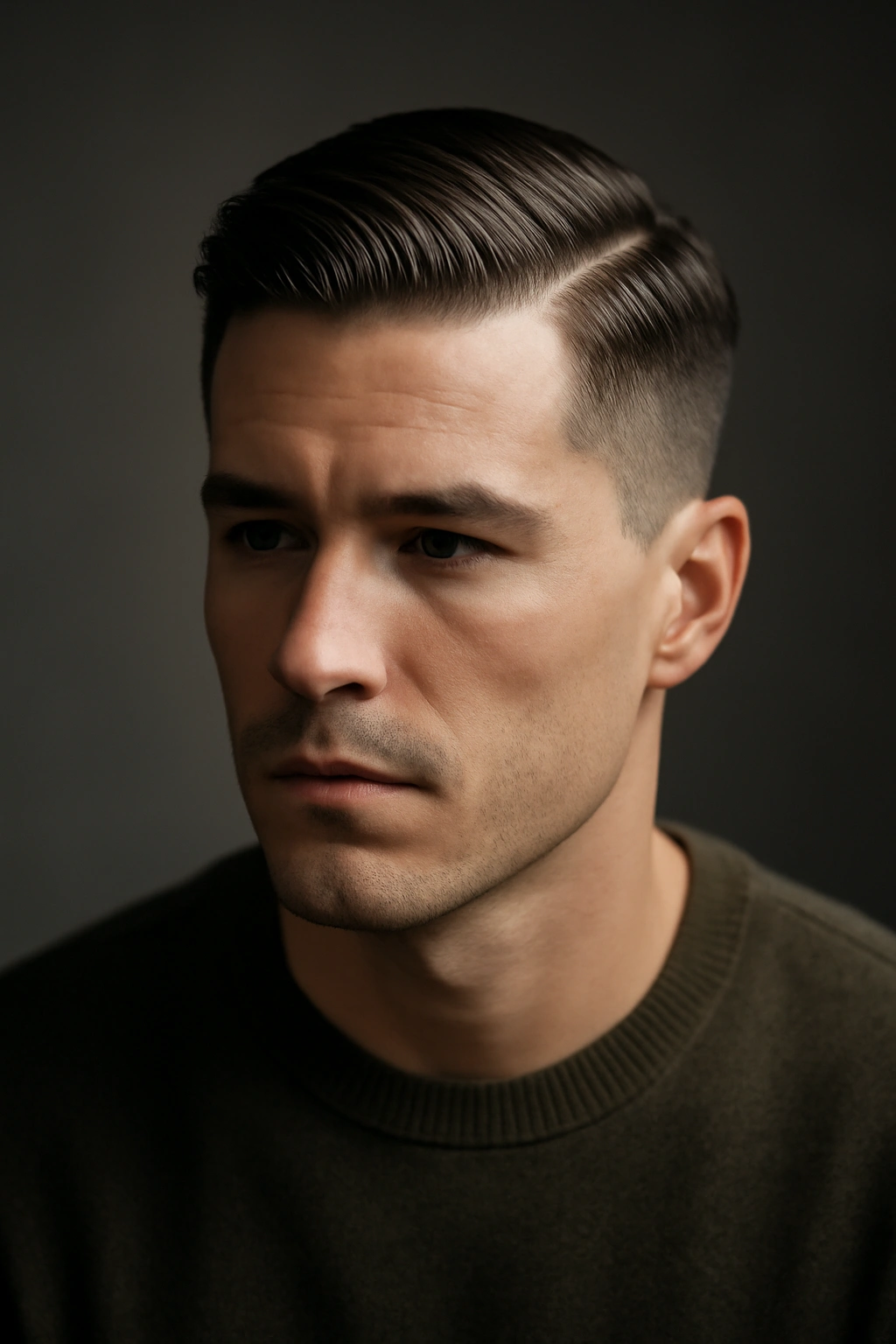 Portrait of a person with a slicked-back crop highlighting clean lines and textured top.