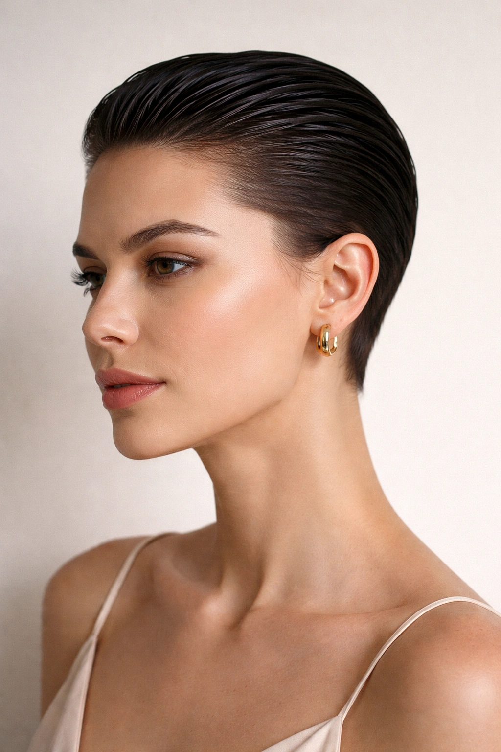 Slicked-back short crop with a polished, minimal finish