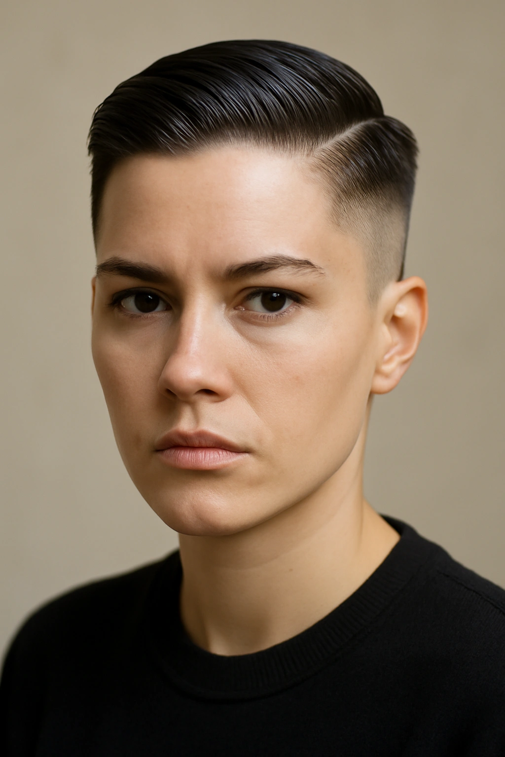 Slicked-back fade with short sides and glossy, tapered top.