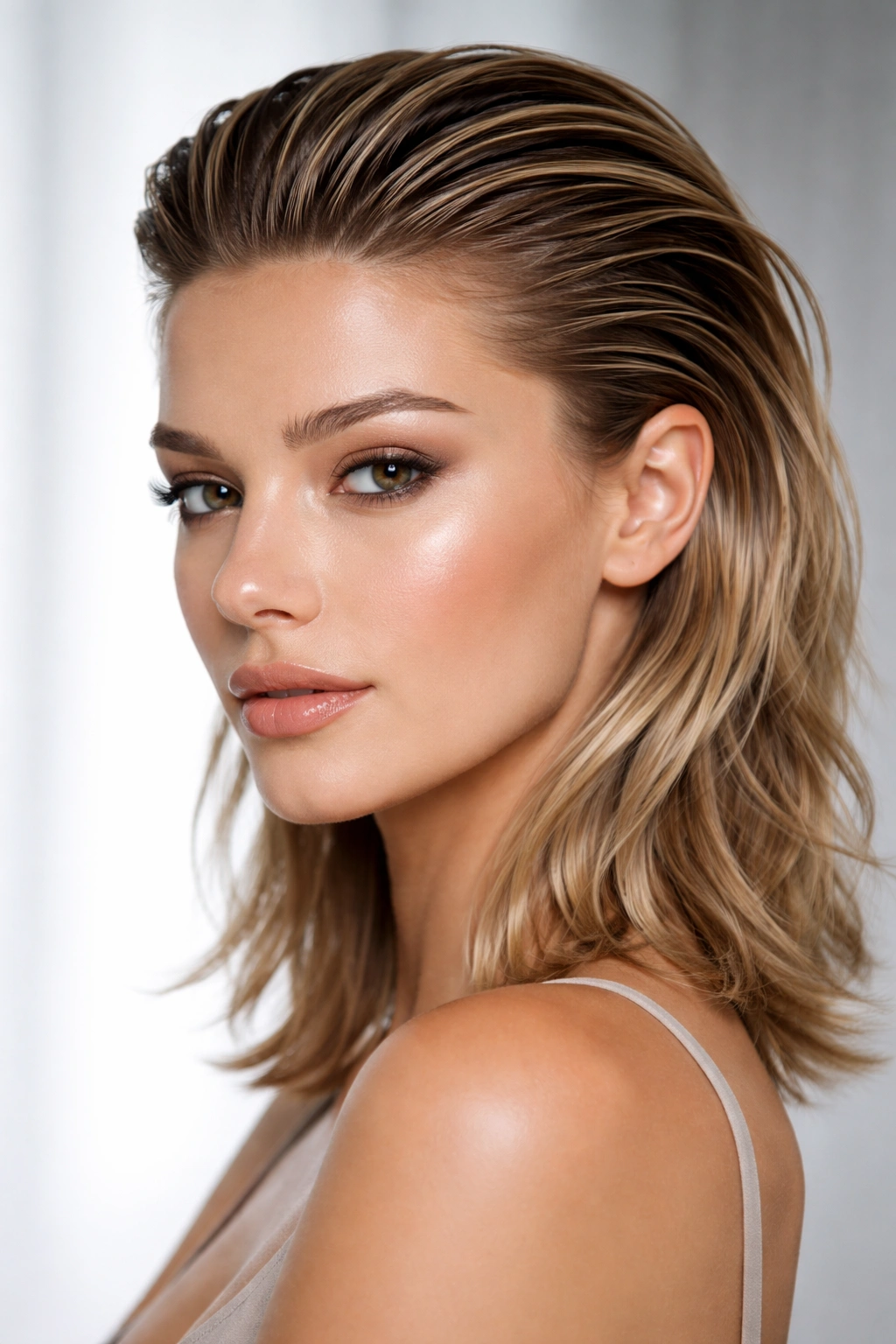 Close-up of hair slicked back to reveal front cut with layered texture.