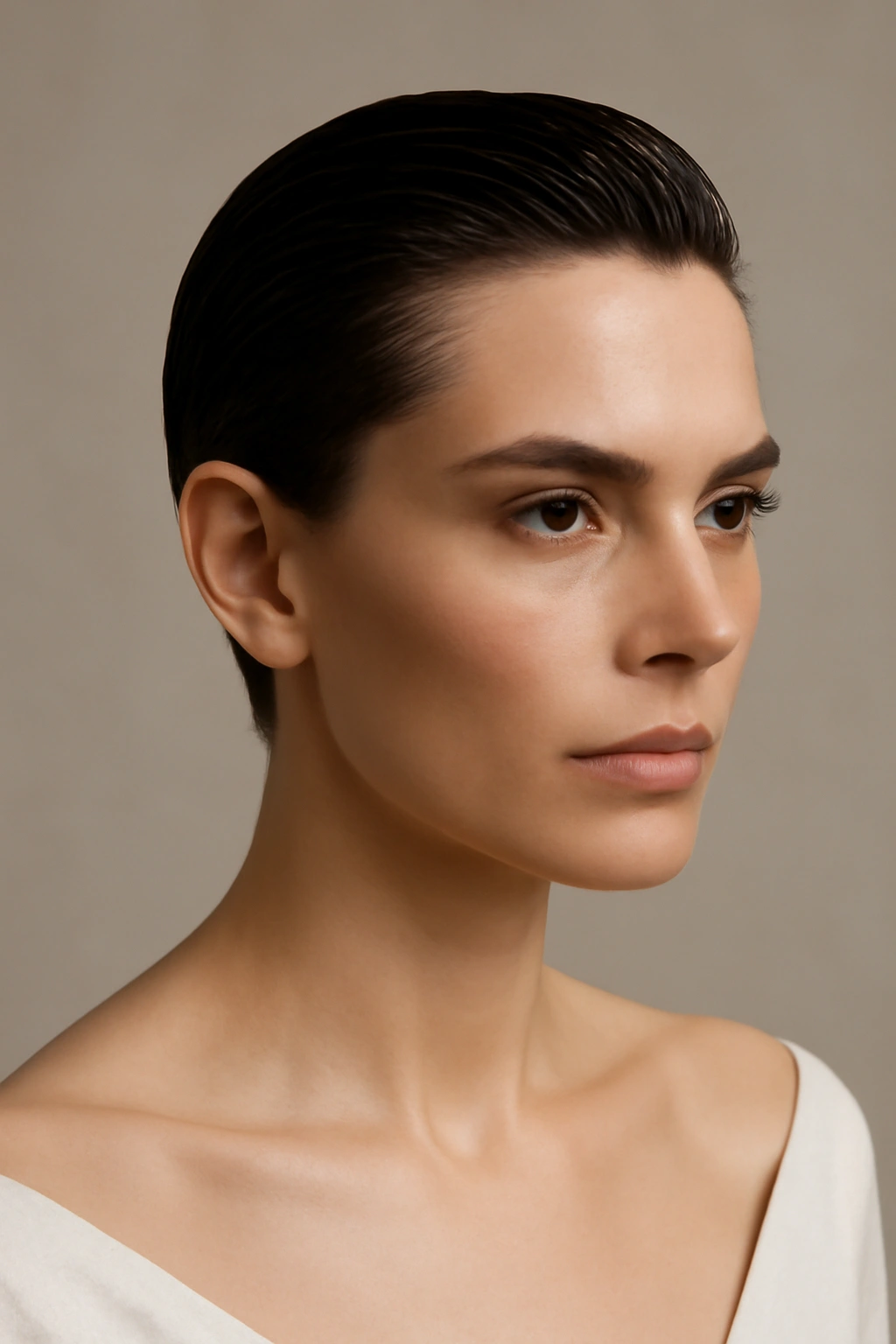 Close-up of slicked-back short hair showing bone structure and shine.