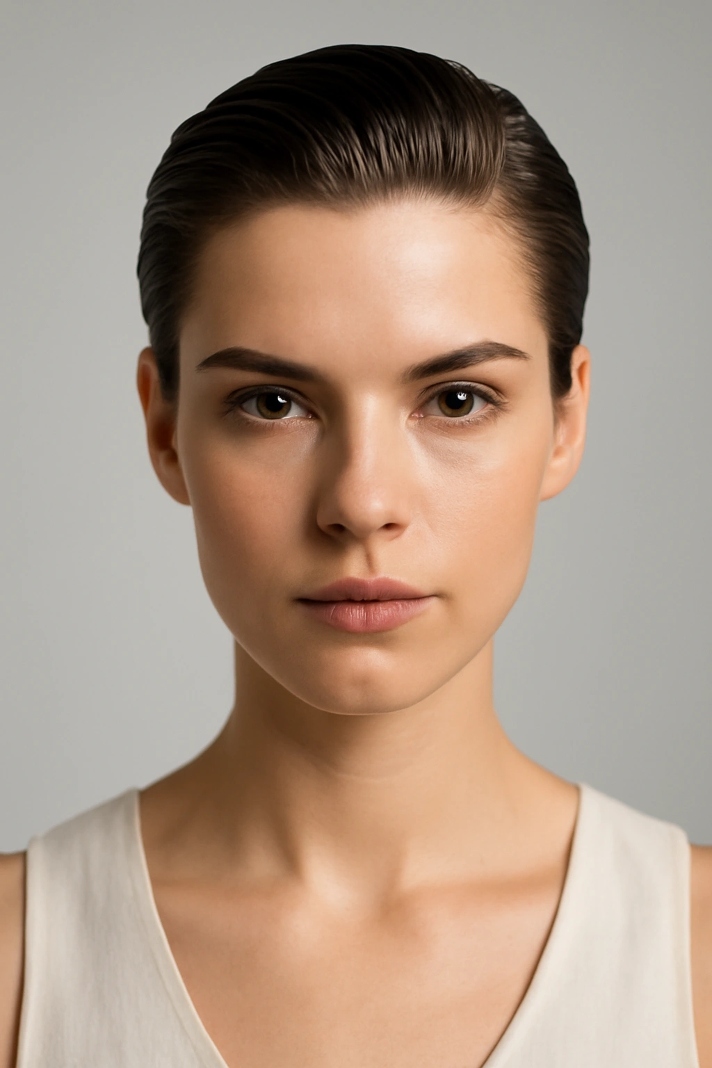Frontal view of short hair slicked back with glossy finish.