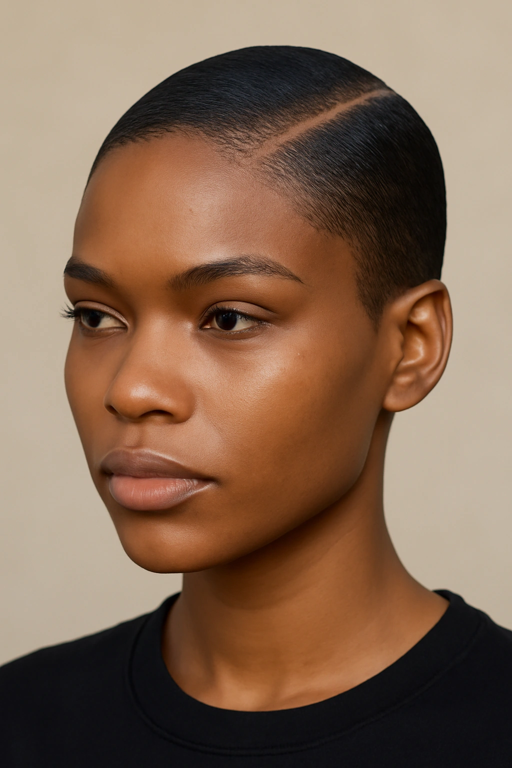 Front view of a Black woman with a slicked-back short crop and high shine.