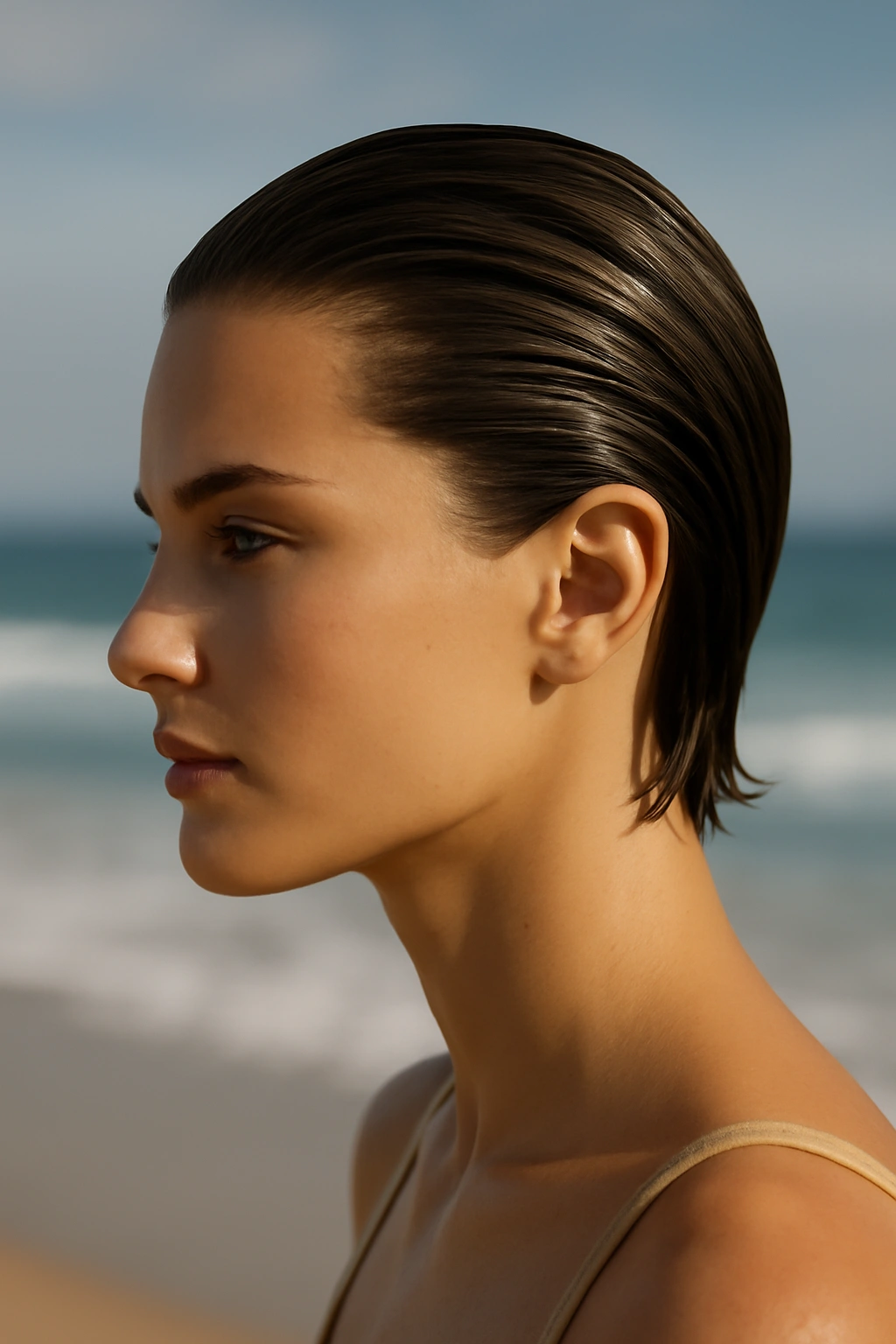 Slicked-back hairstyle with glossy damp look at the beach