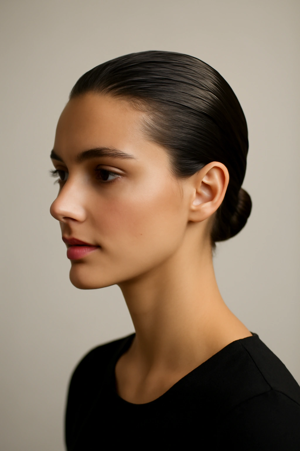 Sleek slicked-back hairstyle with a polished finish.