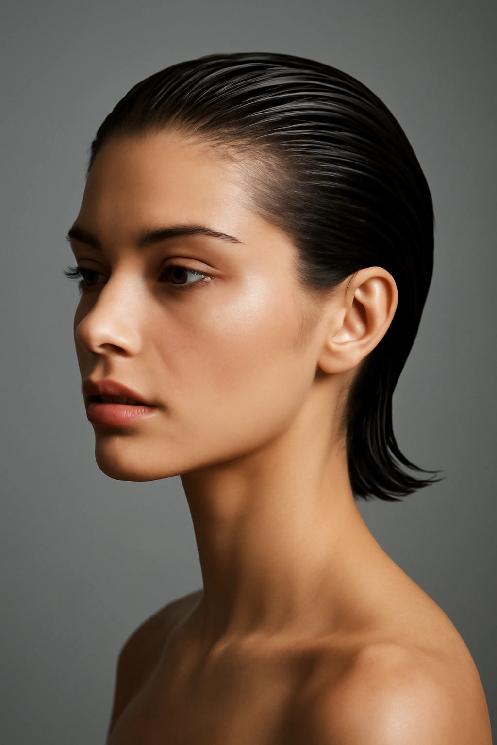 Close-up portrait of glossy slicked-back wet-look hair for date-night style
